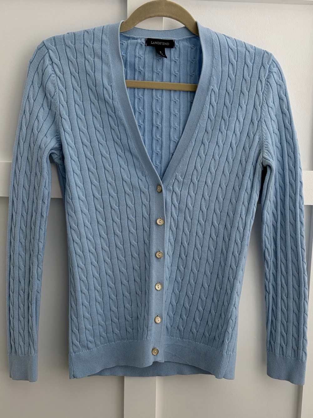 Lands' End Women’s Light Blue Cable-Knit V-Neck Cardigan